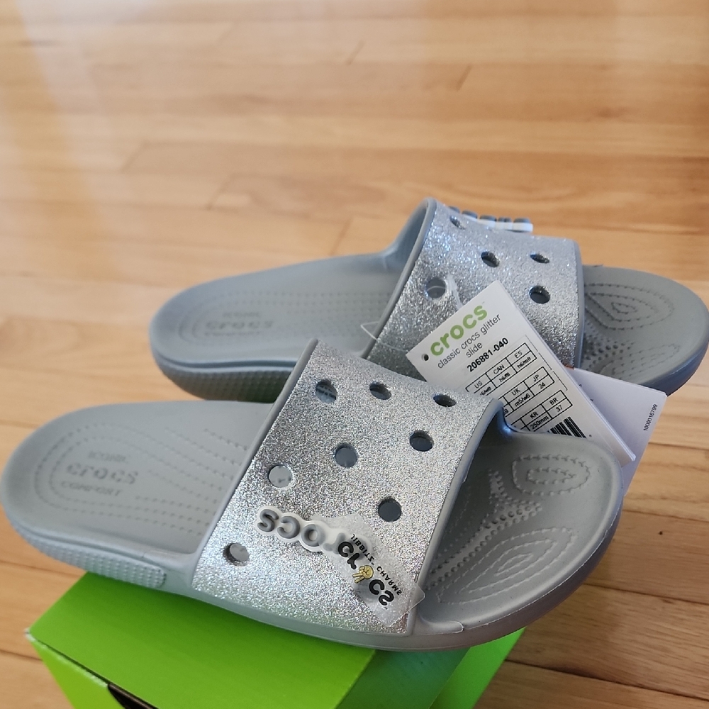Women's Silver Sparkle CROCS Sandals with Perforated Design and Cushioned Sole